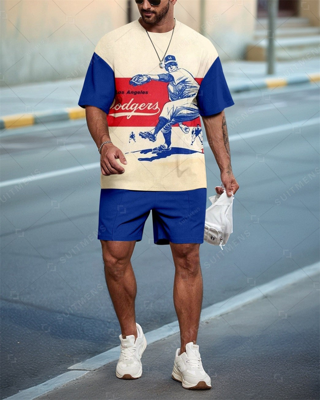 Men's Nostalgic Baseball Pattern Summer Round Neck Set 0127
