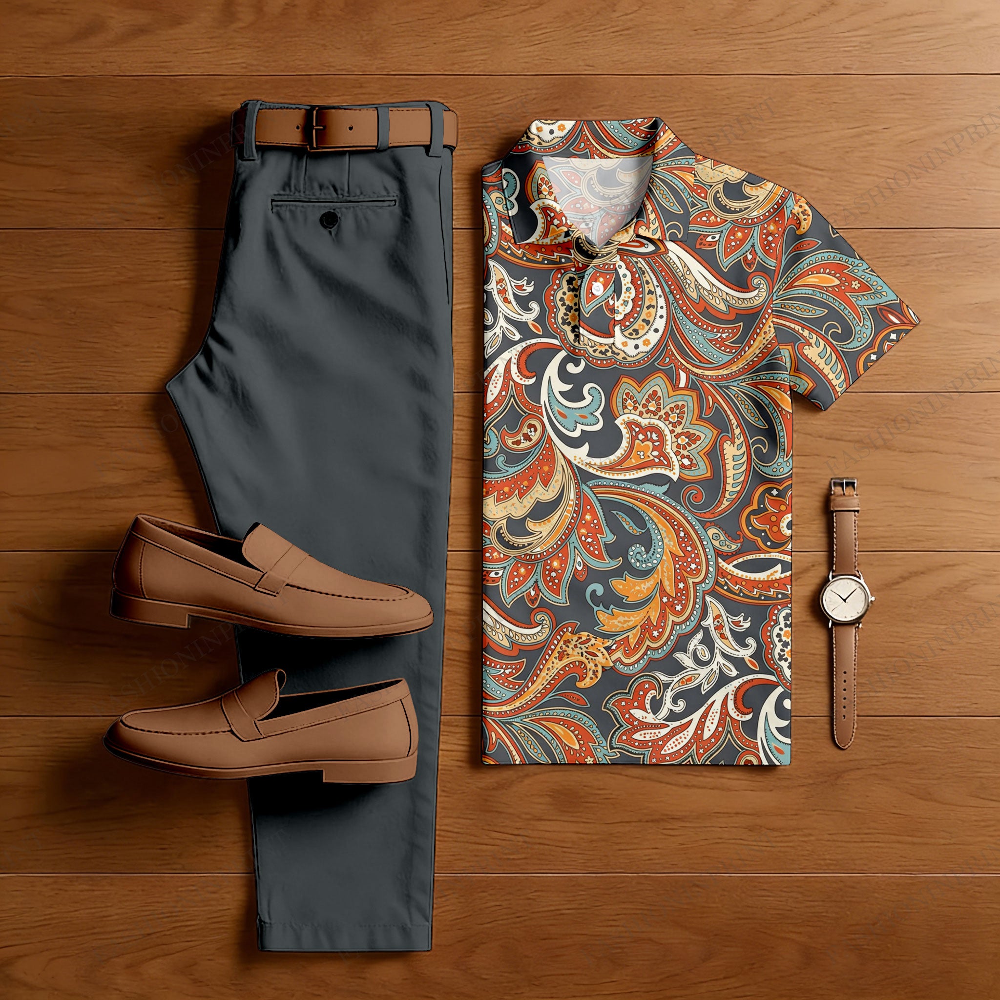 Men's Casual Printed Dark Polo Shirt And Pants Two-Piece Set