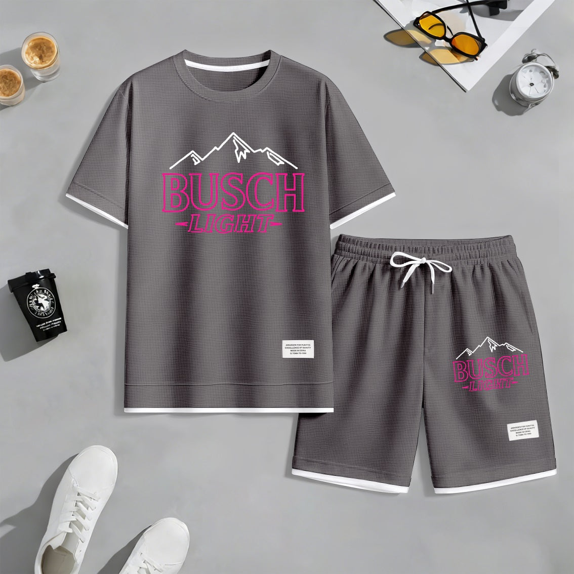 Men's Light-Flavored Beer Print Waffle Fabric Short-Sleeved Shirt And Shorts Set