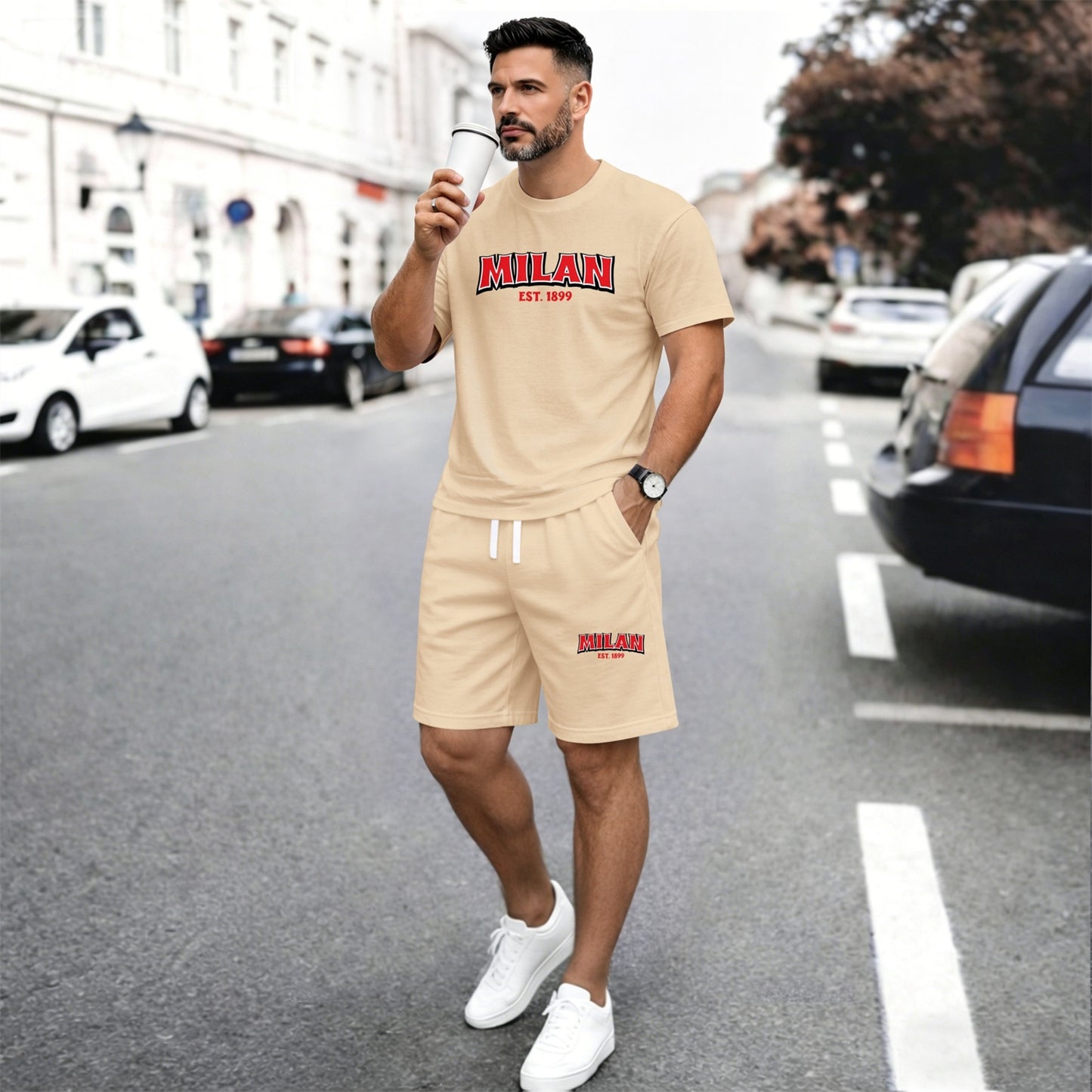 Men's Summer Two-Piece Set: Featuring a short-sleeve T-shirt with a "Milan" letter print paired with drawstring shorts, this lightweight and breathable casual outfit is perfect for the beach, vacations, workouts, travel, running, and everyday wear.