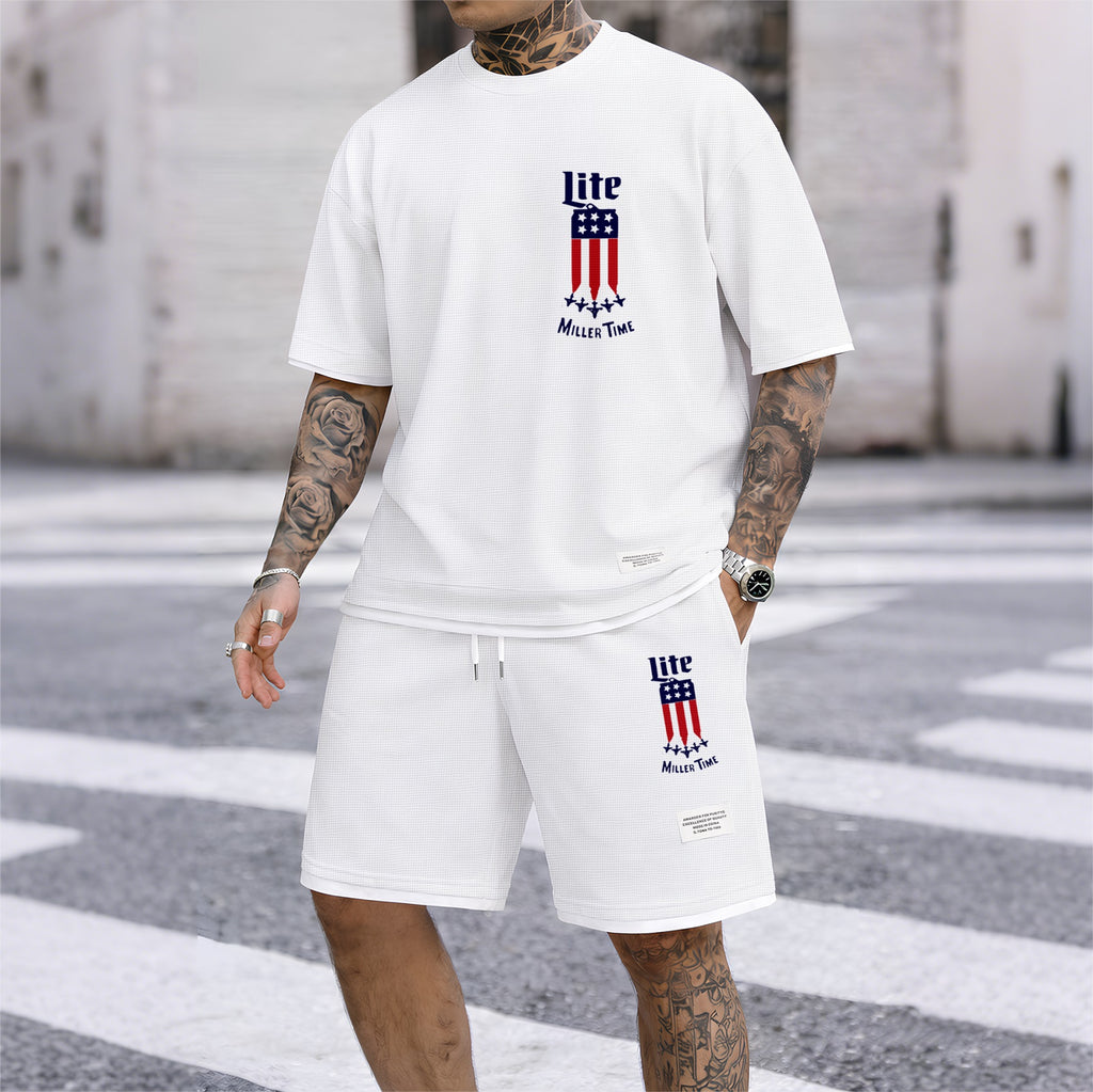 Men's Beer And Beverage Printed Drawstring Shorts Set, Suitable For Spring And Summer Wear, Casual Summer Set, Including Short-Sleeved Shirt And Shorts, Suitable For Everyday Wear And Sports 012