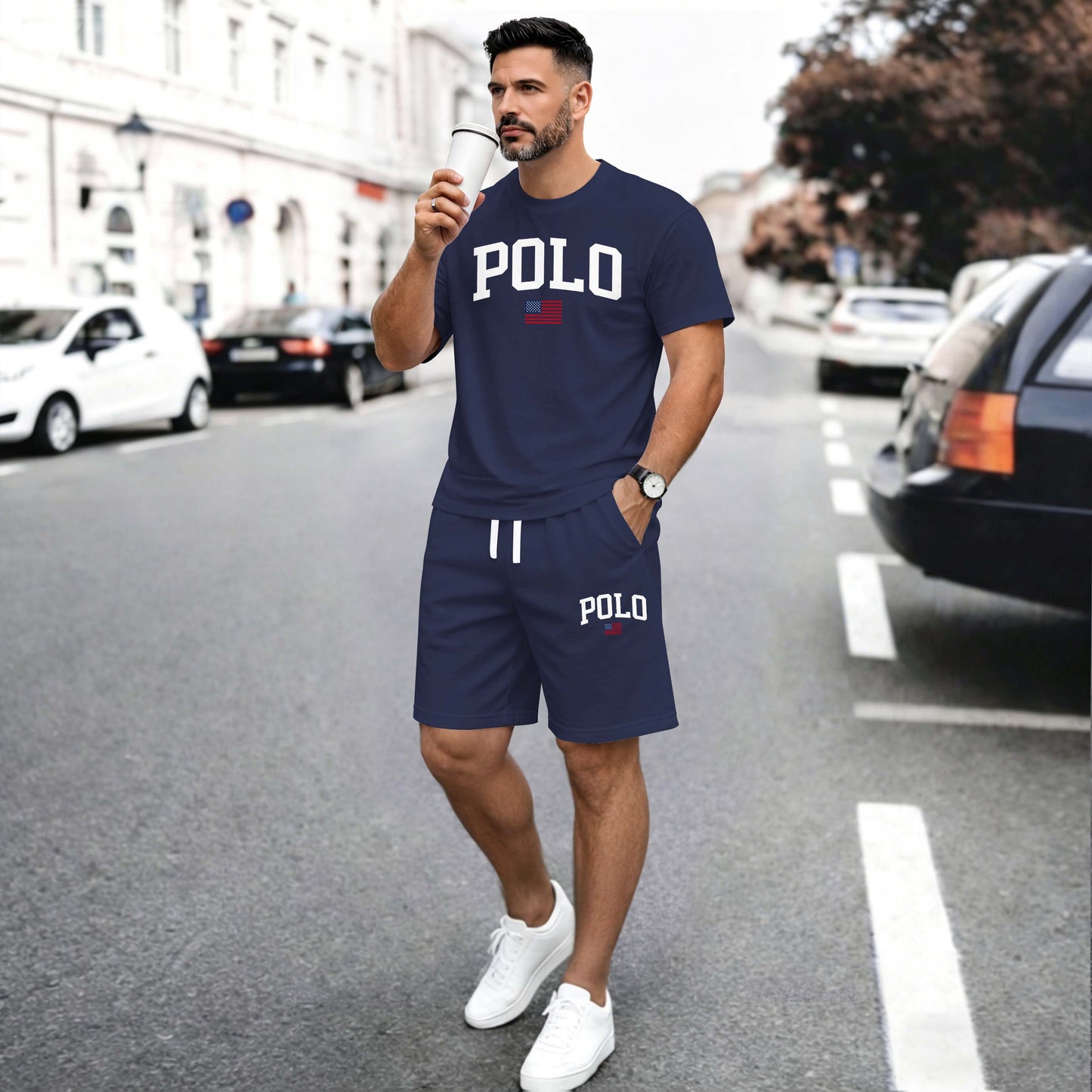 Men’s Summer 2 Piece Set, Flag Usa Letter Print Short Sleeve T Shirt and Drawstring Shorts Matching Outfit, Lightweight Breathable Casual Set for Travel, Streetwear, Beach, Vacation, and Daily Wear