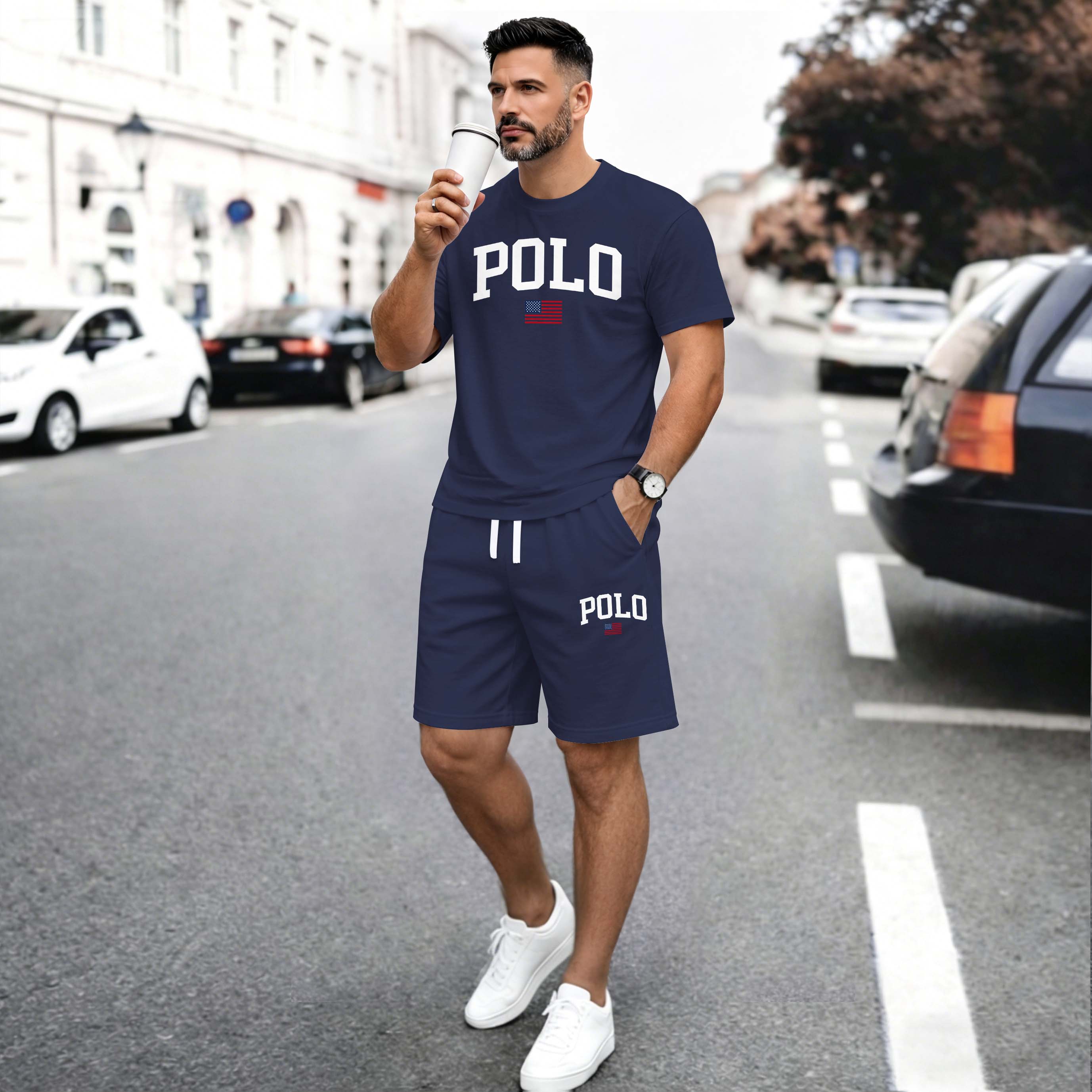 Men’s Summer 2 Piece Set, Flag Usa Letter Print Short Sleeve T Shirt and Drawstring Shorts Matching Outfit, Lightweight Breathable Casual Set for Travel, Streetwear, Beach, Vacation, and Daily Wear