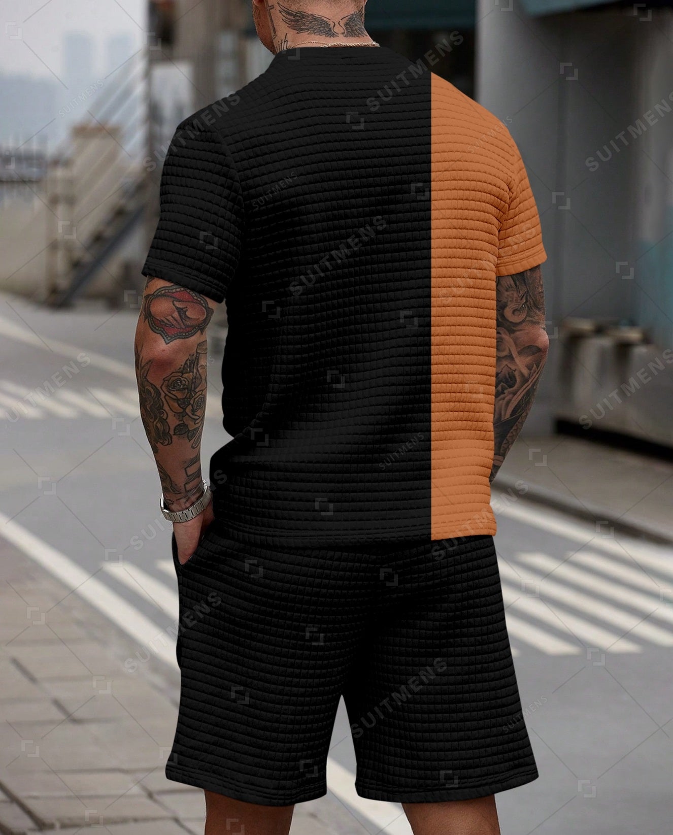 Men's Casual Waffle Textured Summer Round Neck Short Sleeve Shorts Set 0010