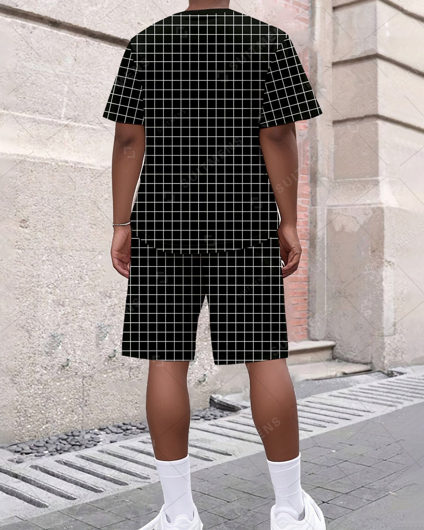 Men's Summer Colorblock Grid Print Crew Neck Suit 042