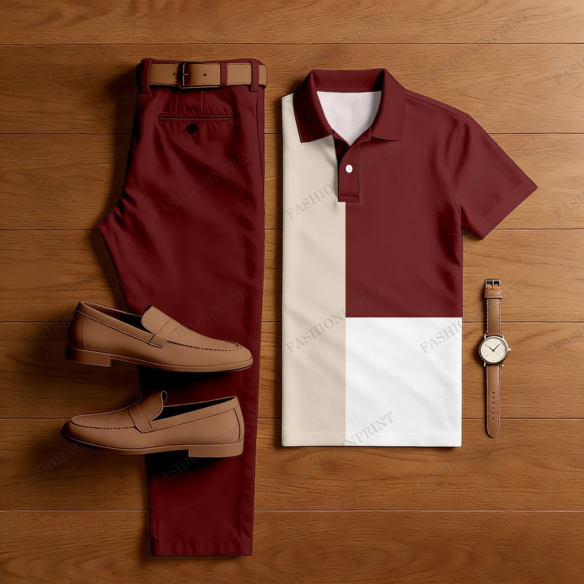 Men's Casual Burgundy & Apricot & White Color Matching Printed Short Sleeved Polo Shirt & Trousers Two-Piece Set