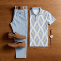 Men's Casual Color-Blocked Geometric Printed Polo Shirt And Pants Two-Piece Set
