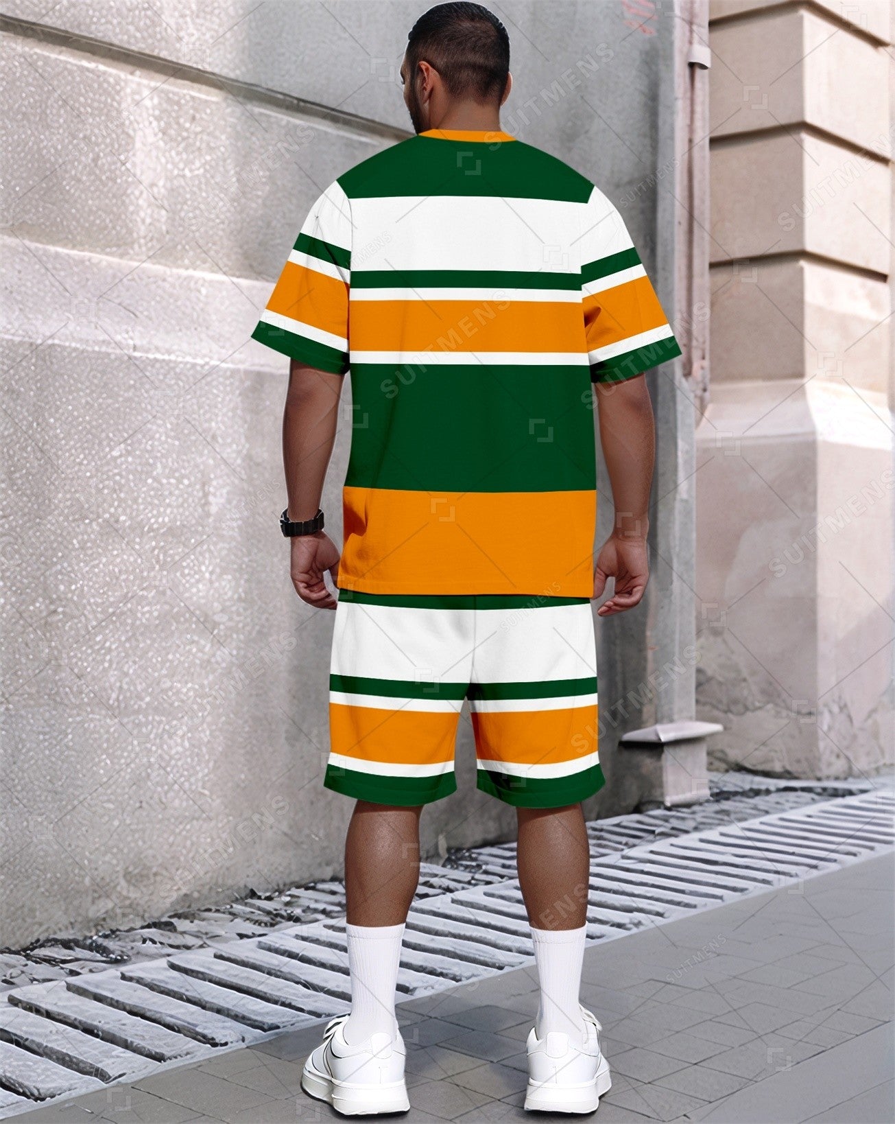 Men's Summer Colorblock Printed Round Neck Set 387