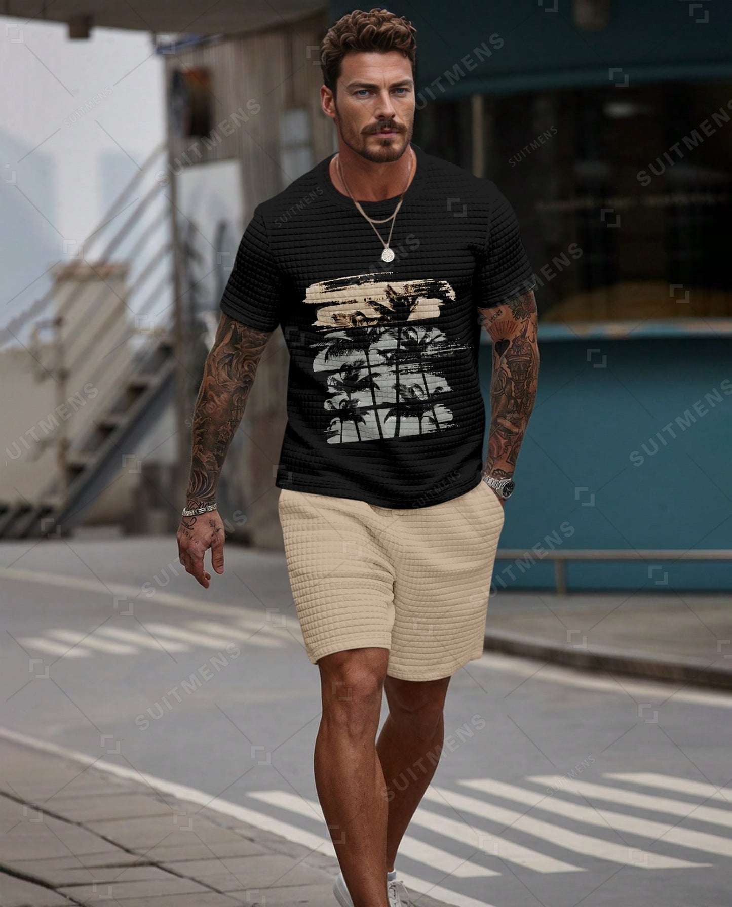 Men's Casual Waffle Textured Summer Round Neck Short Sleeve Shorts Set 0026