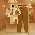 Men's Casual Orange & Yellow Color Matching Geometric Printed Zipper Short Sleeved Polo Shirt & Trousers Two-Piece Set