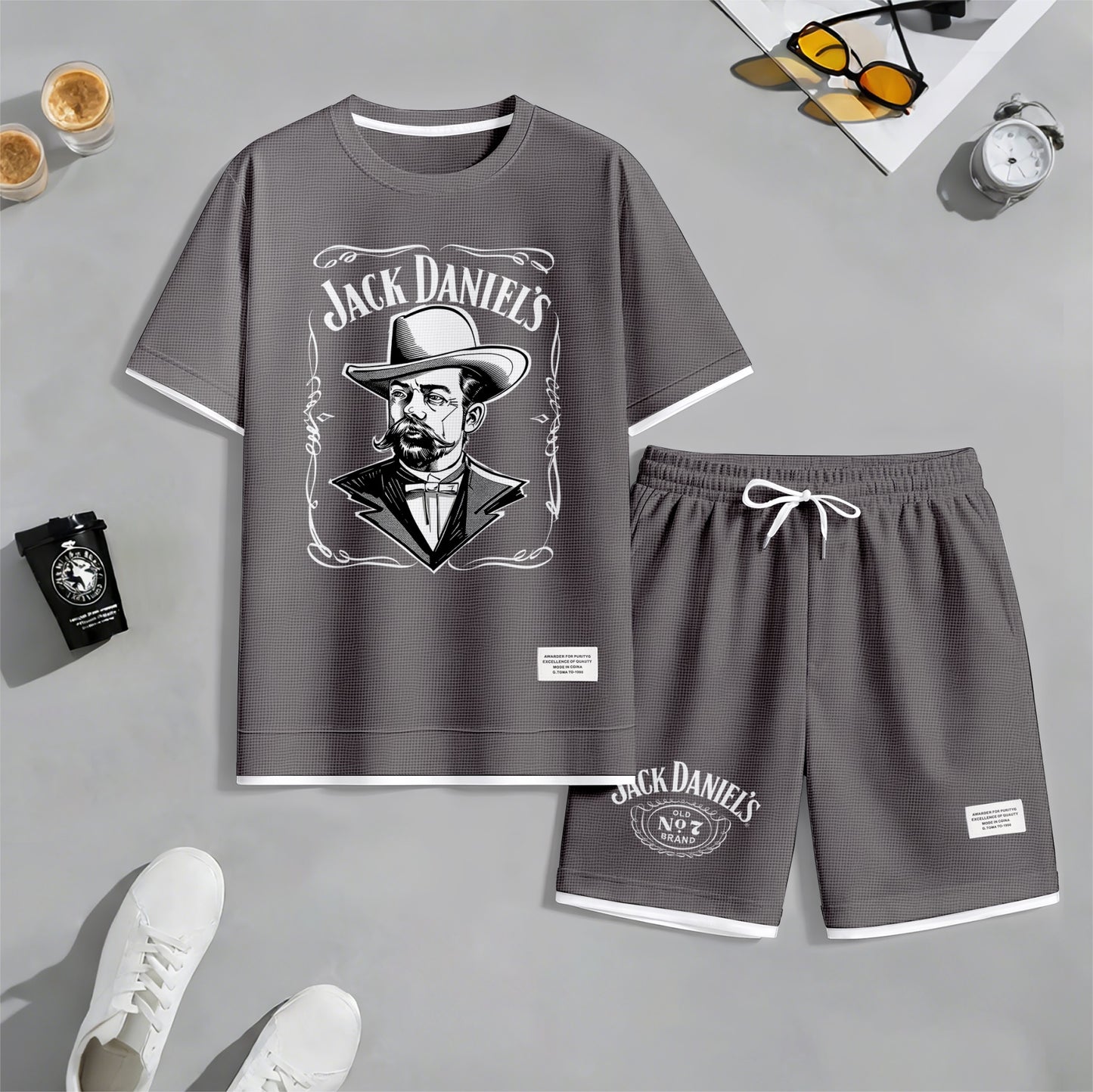 Men's Beer Print Drawstring Shorts Set, Suitable For Spring And Summer Wear, Casual Summer Set, Including Short-Sleeved Shirt And Shorts, Suitable For Everyday Wear And Sports 04