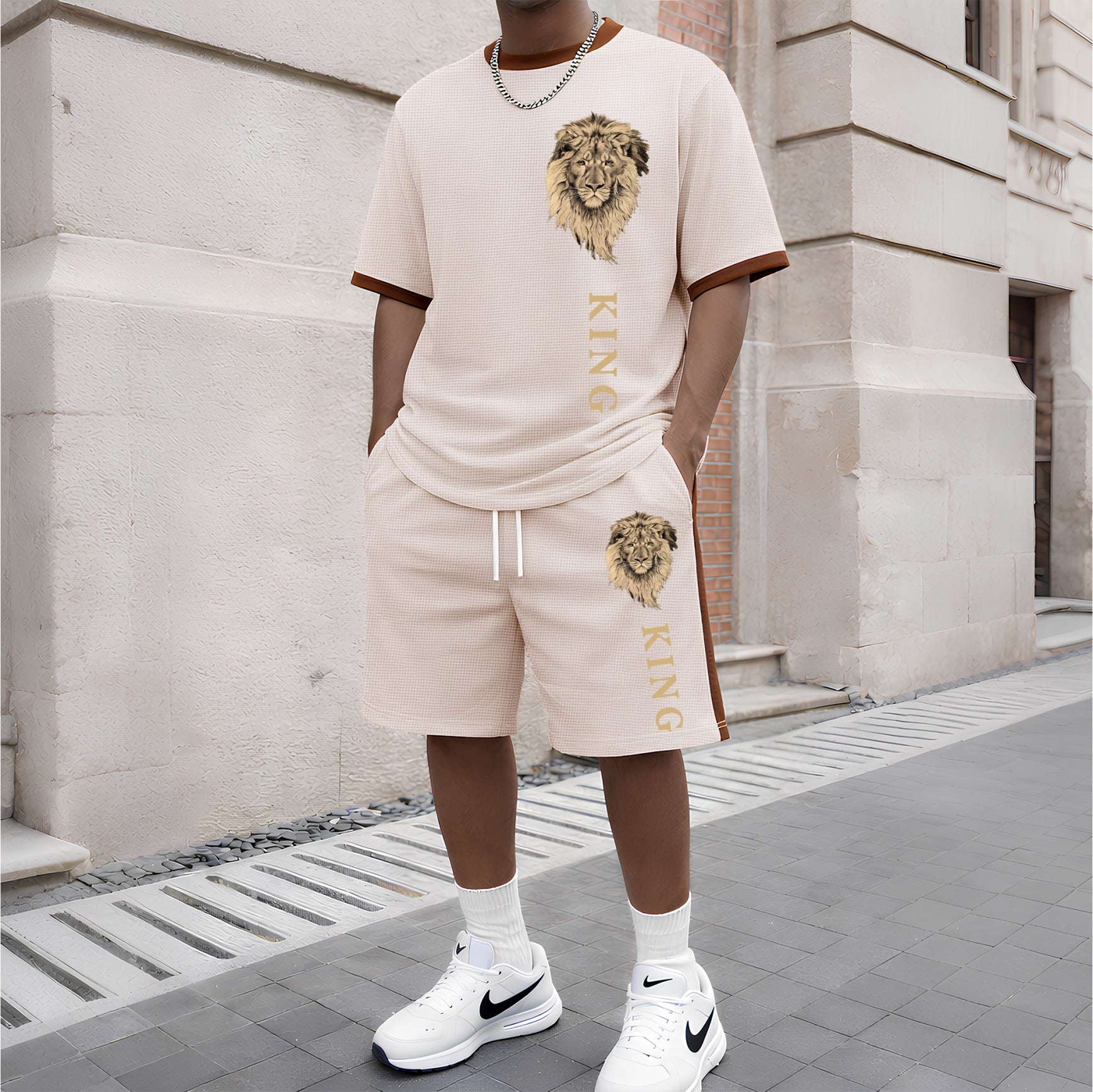 Men's King Pattern Short-Sleeved T-Shirt And Drawstring Shorts Set, Men's Casual Sportswear, Short-Sleeved Top And Shorts, Summer Men's Everyday Wear, Indoor And Outdoor Athletic Wear, Sports Set