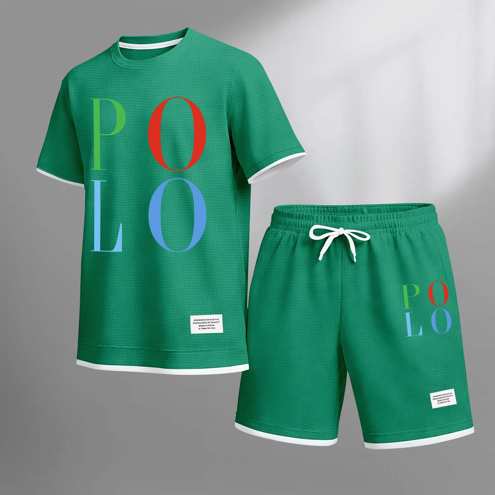 Men's Polo Print Drawstring Shorts Set For Spring/Summer. A Casual Summer Outfit, Including A Short-Sleeved Shirt And Shorts, Suitable For Everyday Wear And Sports. A Two-Piece Set For A Relaxed And Energetic Lifestyle.