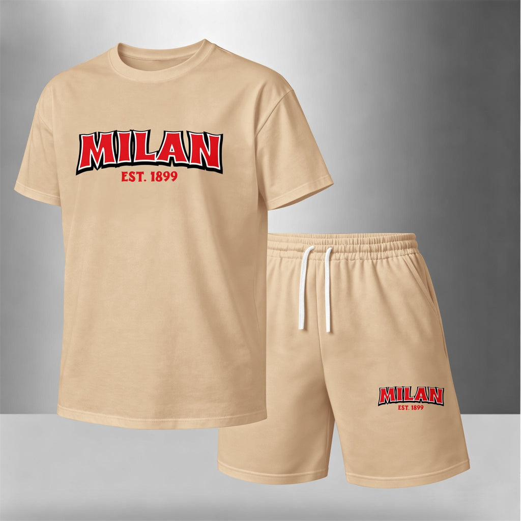 Men's Summer Two-Piece Set: Featuring a short-sleeve T-shirt with a "Milan" letter print paired with drawstring shorts, this lightweight and breathable casual outfit is perfect for the beach, vacations, workouts, travel, running, and everyday wear.
