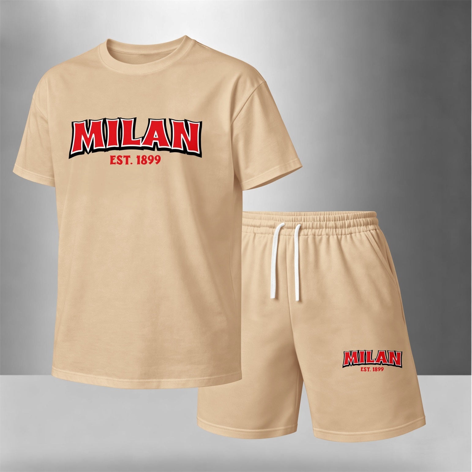 Men's Summer Two-Piece Set: Featuring a short-sleeve T-shirt with a "Milan" letter print paired with drawstring shorts, this lightweight and breathable casual outfit is perfect for the beach, vacations, workouts, travel, running, and everyday wear.