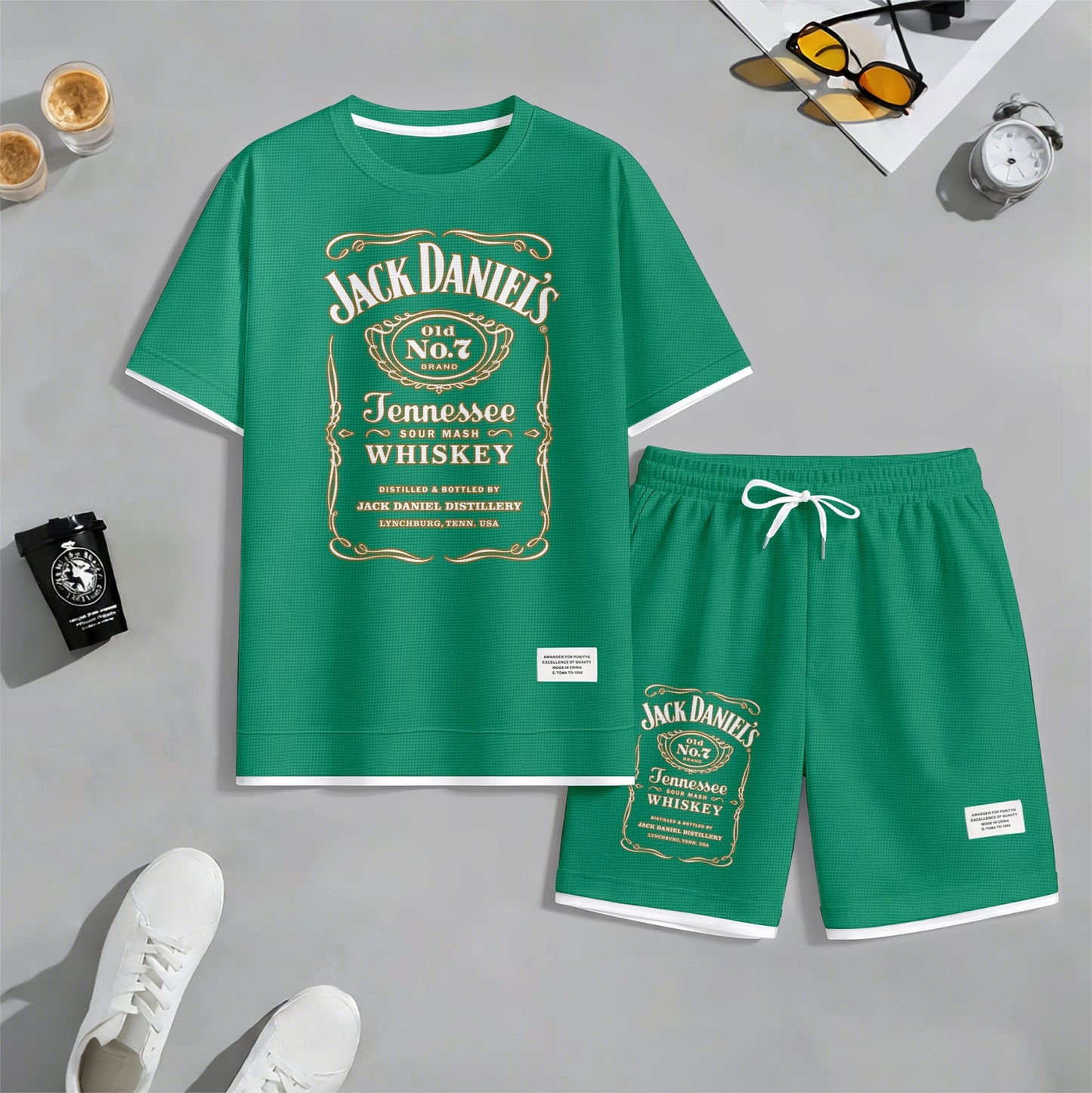 Men's Beer And Beverage Printed Drawstring Shorts Set, Suitable For Spring And Summer Wear, Casual Summer Set, Including Short-Sleeved Shirt And Shorts, Suitable For Everyday Wear And Sports 03