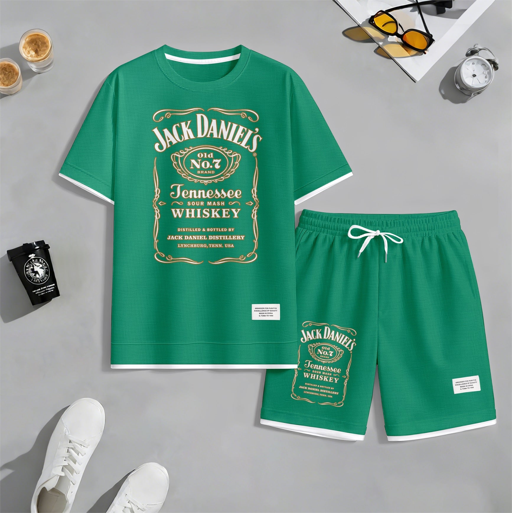 Men's Beer And Beverage Printed Drawstring Shorts Set, Suitable For Spring And Summer Wear, Casual Summer Set, Including Short-Sleeved Shirt And Shorts, Suitable For Everyday Wear And Sports 03