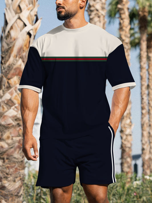 Men's Casual Sports Street Simple Color Block Printed Shorts Suit 024