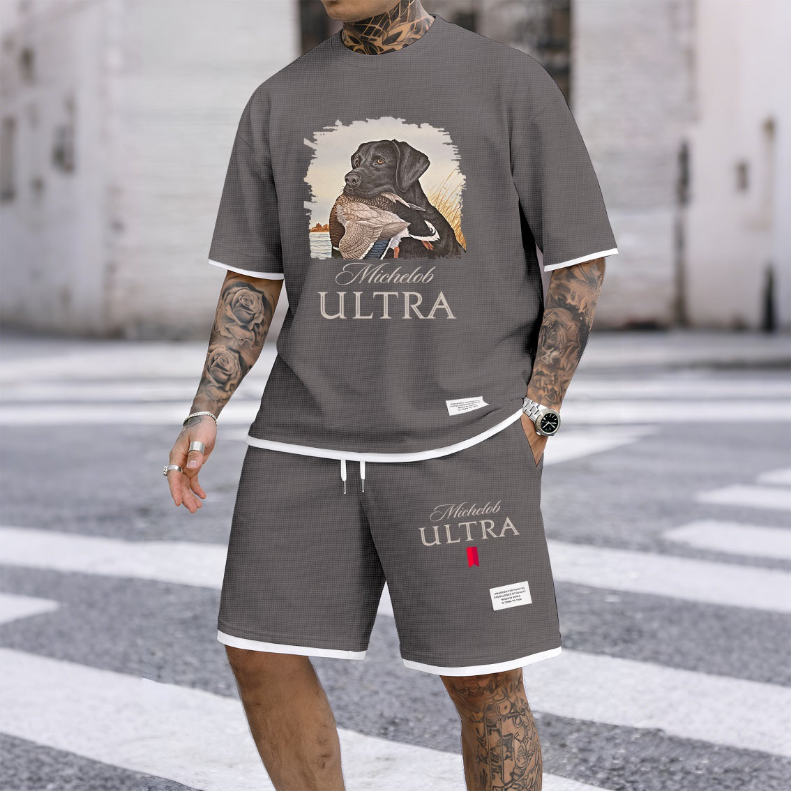 Men's Outdoor Hunting Black Dog Print Waffle Fabric Short-Sleeved Shirt And Shorts Set