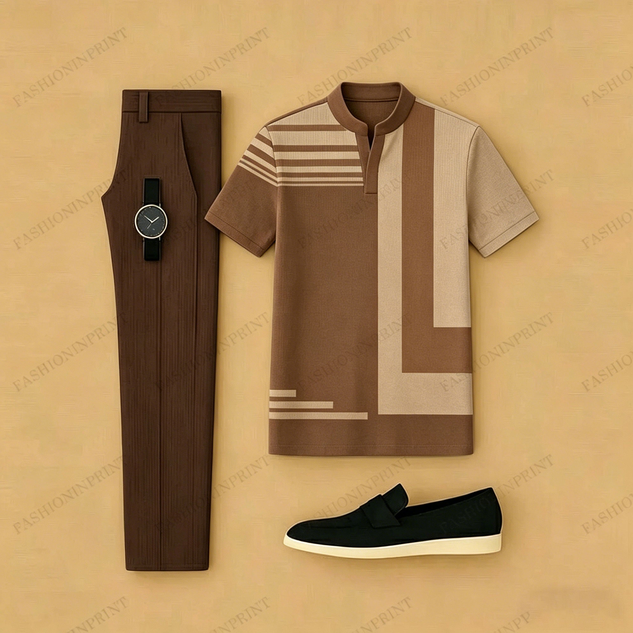 Men's Casual Brown Geometry Printed Short-Sleeve T-Shirt And Pants Two-Piece Set