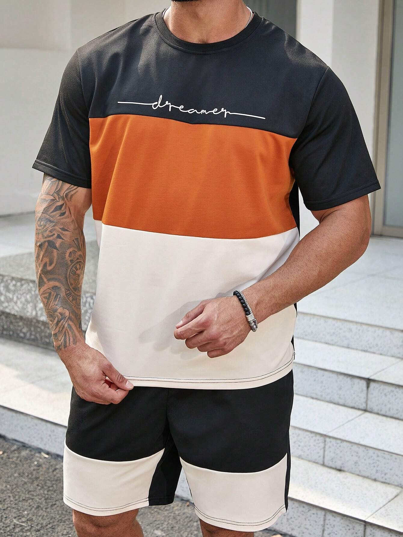 Men's color matching casual shorts Set