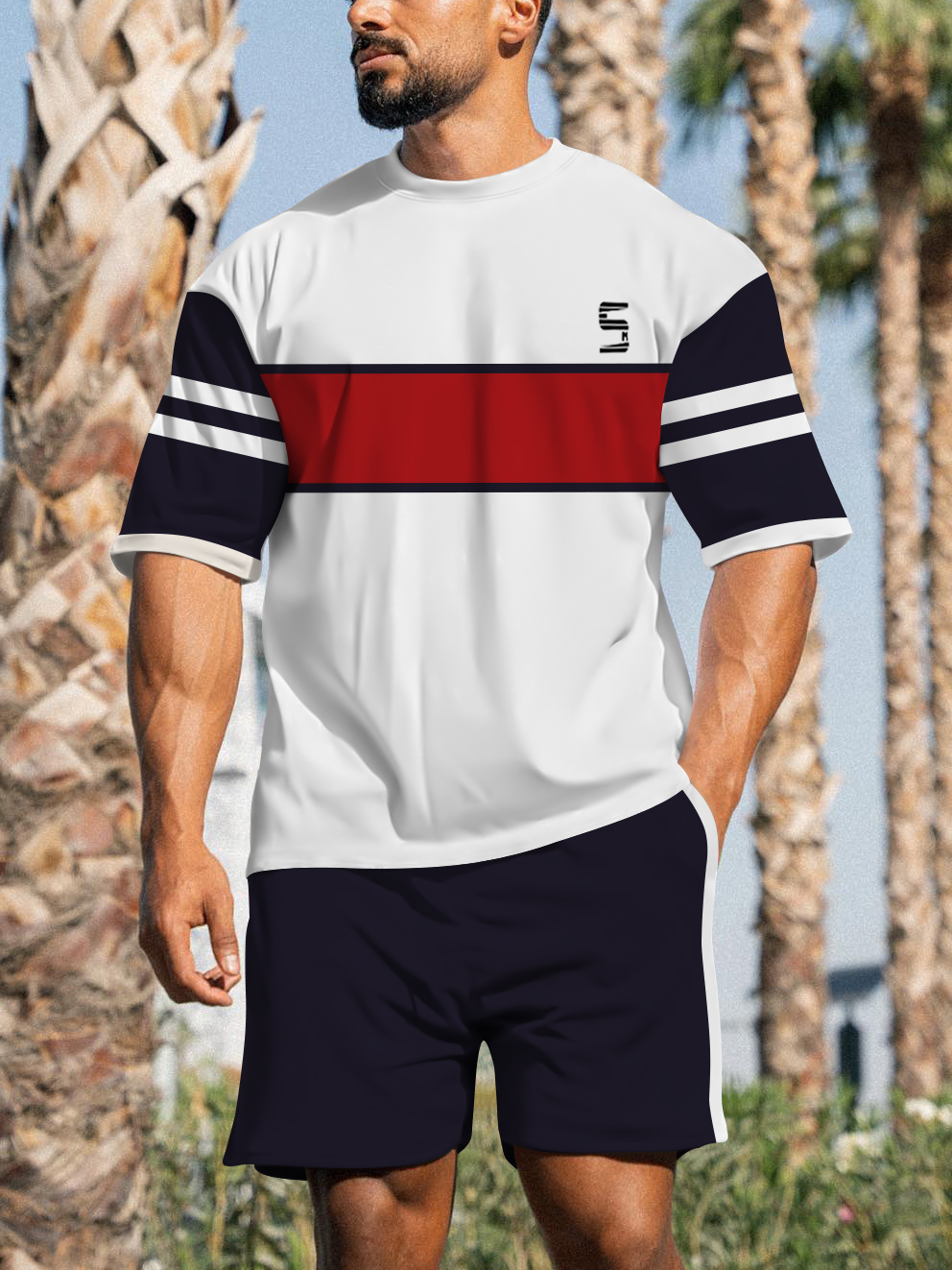 Suitemns Men's Casual Sports Street Simple Color Block Printed Shorts Suit 025
