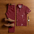 Men's Casual Red Color Matching Checkered Printed Short Sleeved Polo Shirt & Trousers Two-Piece Set
