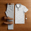 Men's Casual Grey Printed Polo Shirt And Pants Two-Piece Set