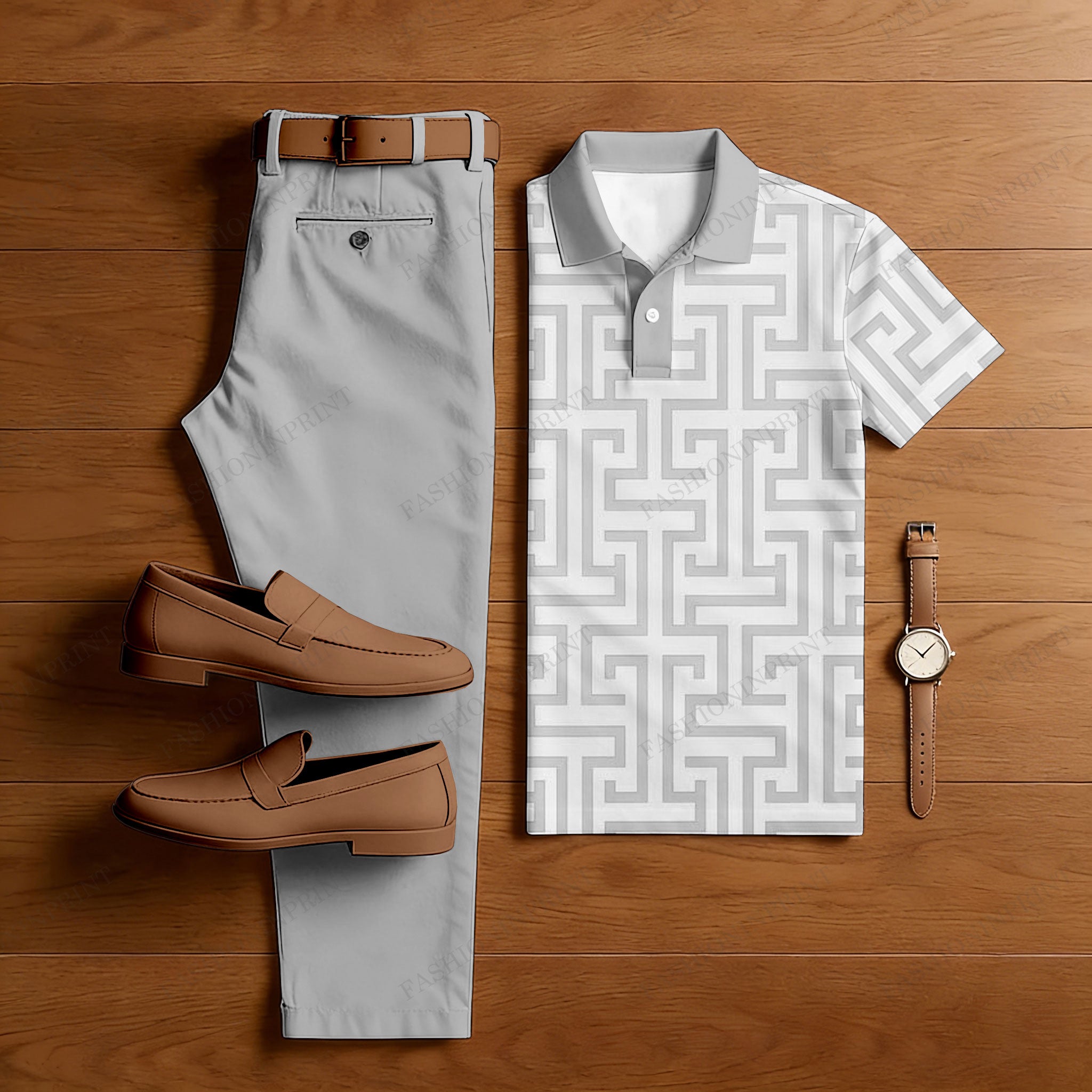 Men's Casual Grey Printed Polo Shirt And Pants Two-Piece Set
