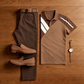 Men's Casual Brown Printed Polo Shirt And Pants Two-Piece Set