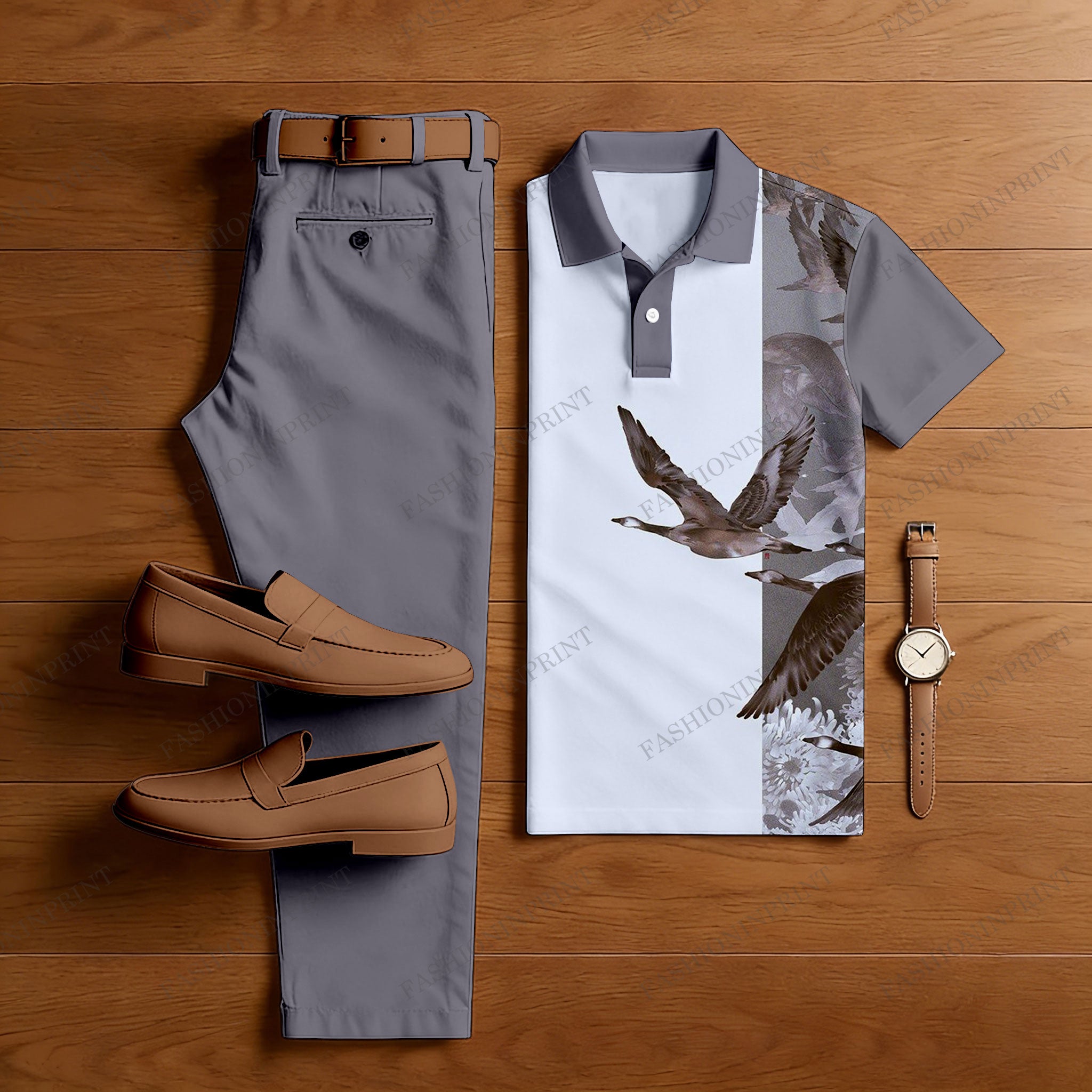 Men's Casual Gray Bird Printed Polo Shirt And Pants Two-Piece Set