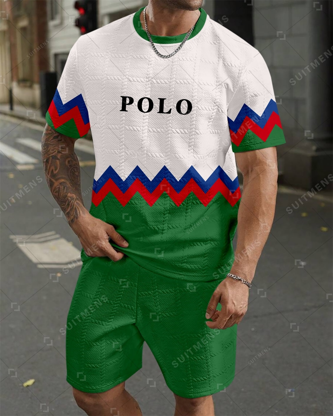 Men's Jacquard Textured Color Block Printed Short Sleeve Shorts Set 004