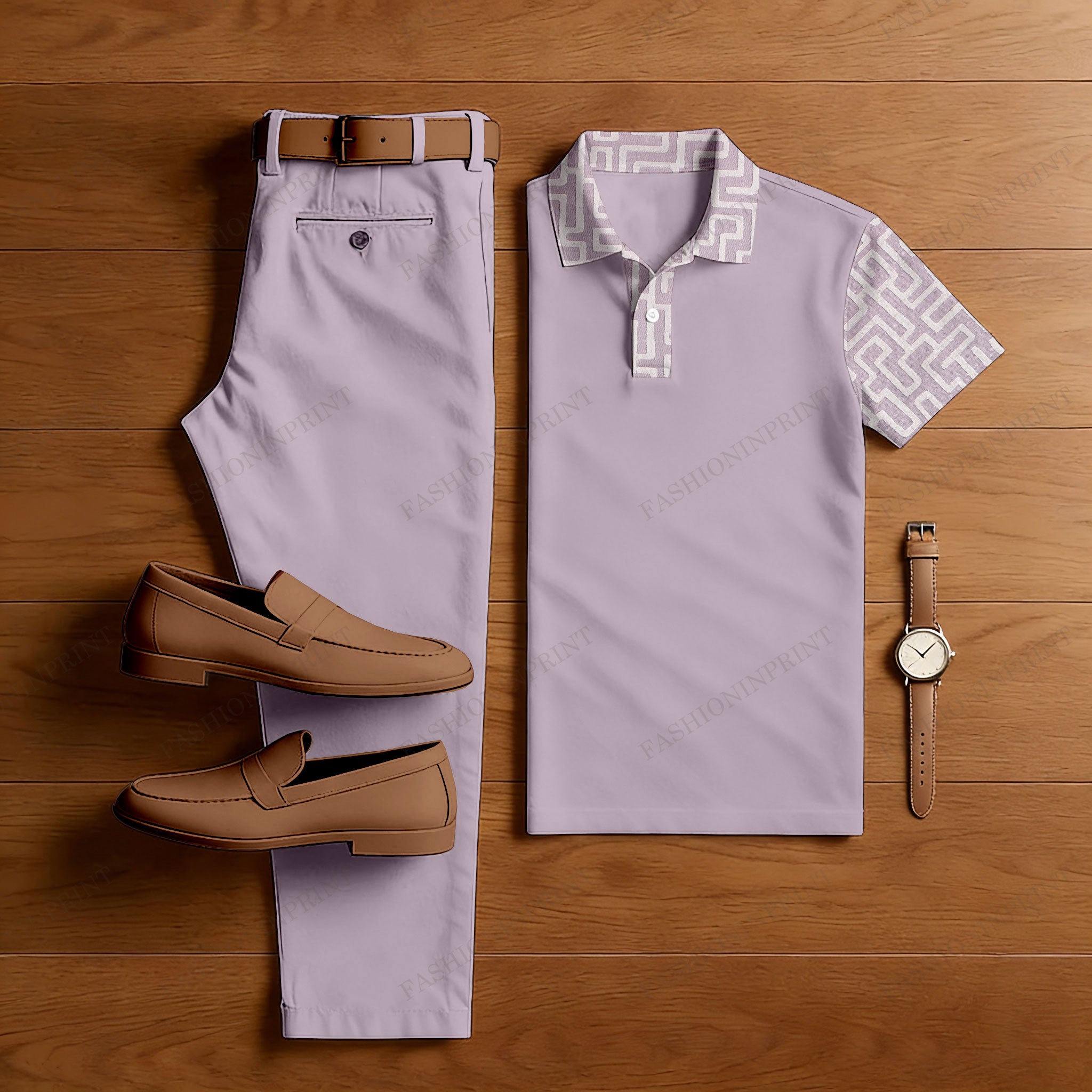 Men's Casual Purple Printed Polo Shirt And Trousers Two-Piece Set
