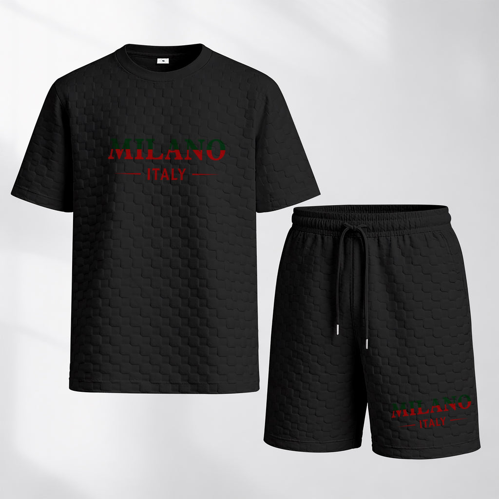 Men's Spring and Summer Milan Letter Print Checkered Fabric Drawstring Shorts Set, Casual Summer Outfit with Short-Sleeved Shirt and Shorts, Ideal for Everyday Wear and Sports Activities