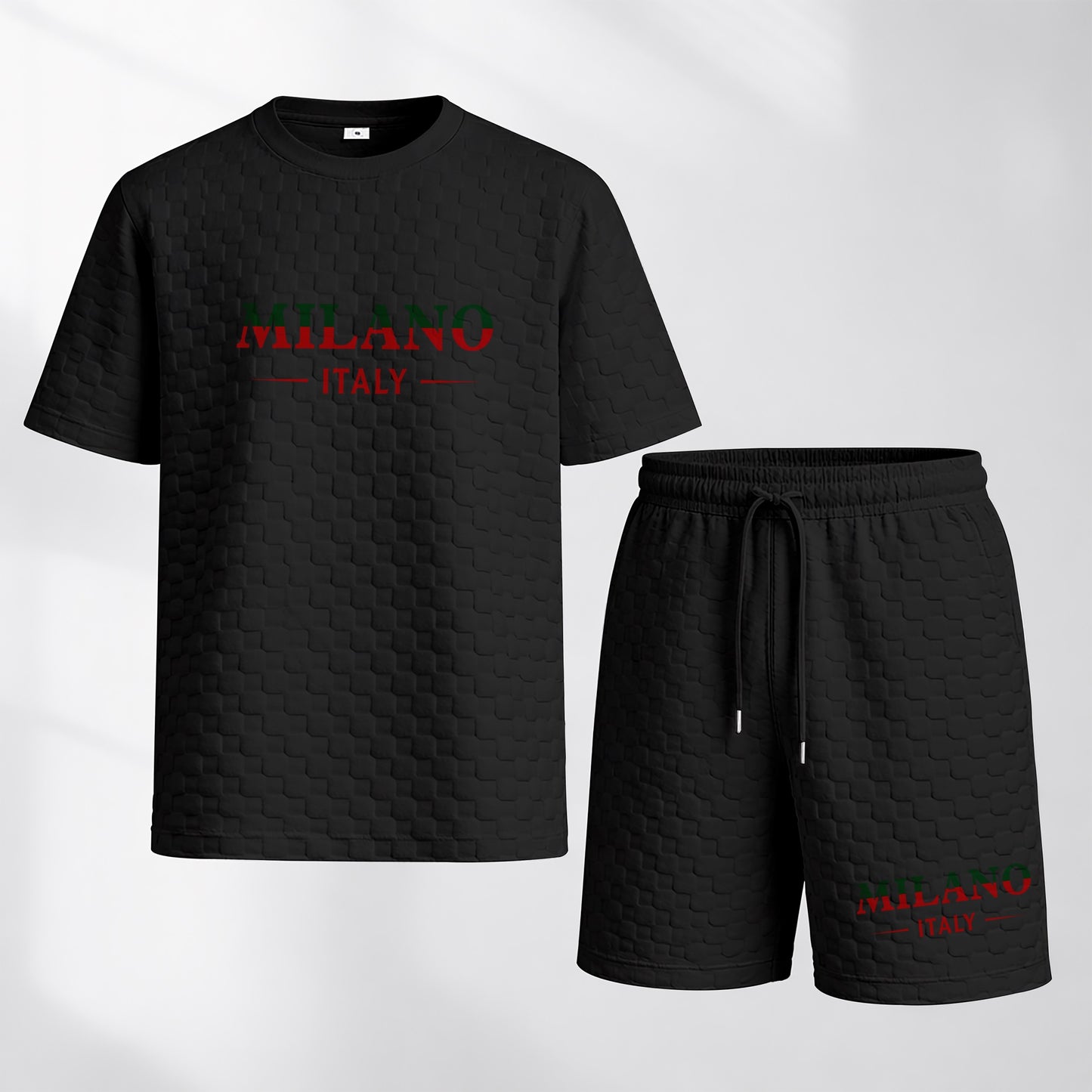 Men's Spring and Summer Milan Letter Print Checkered Fabric Drawstring Shorts Set, Casual Summer Outfit with Short-Sleeved Shirt and Shorts, Ideal for Everyday Wear and Sports Activities