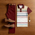 Men's Casual Burgundy & White Multi Color Matching Striped Printed Short Sleeved Polo Shirt & Trousers Two-Piece Set