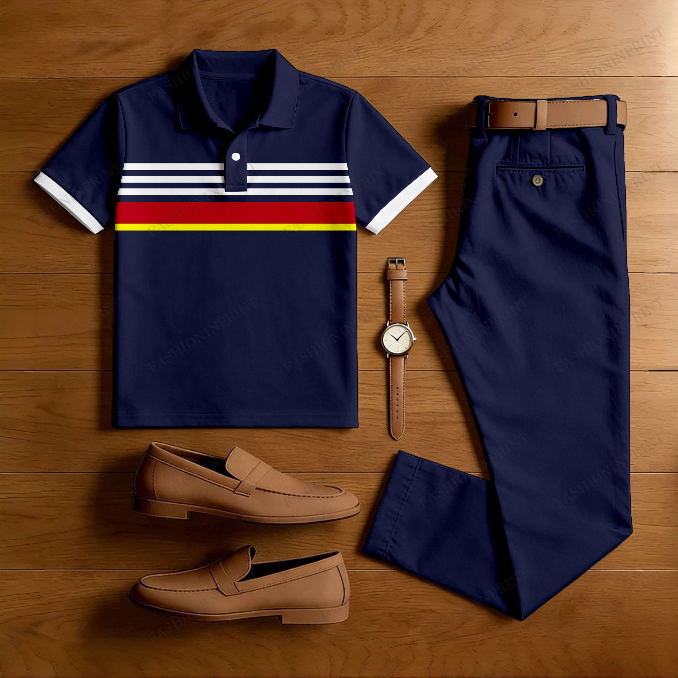 Men's Casual Navy Blue Stripes Printed Polo Shirt And Pants Two-Piece Set