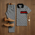 Men's Casual Gray & Black Color Matching Retro Style Checkered Printed Short Sleeved Polo Shirt & Trousers Two-Piece Set