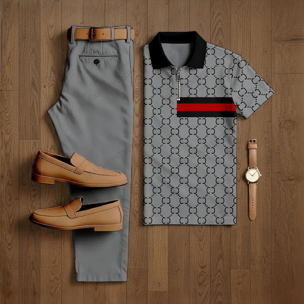 Men's Casual Gray & Black Color Matching Retro Style Checkered Printed Short Sleeved Polo Shirt & Trousers Two-Piece Set