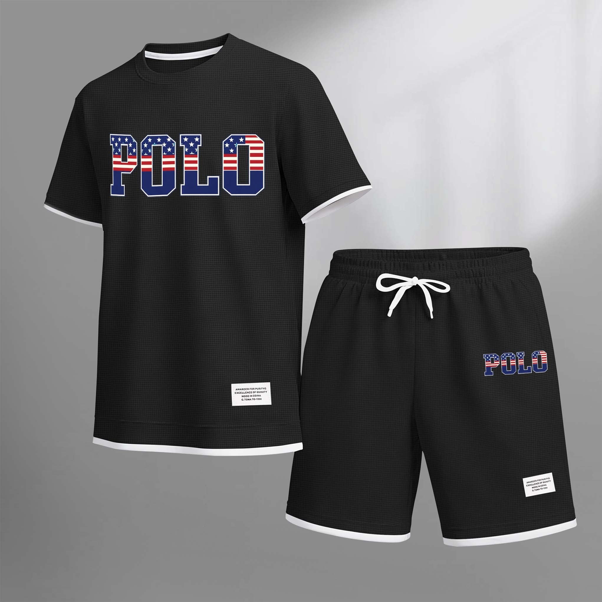 Men's Polo Print Drawstring Shorts Set For Spring/Summer. A Casual Summer Outfit, Including A Short-Sleeved Shirt And Shorts, Suitable For Everyday Wear And Sports. A Two-Piece Set For A Relaxed And Energetic Lifestyle.