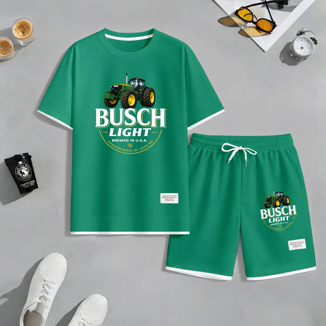 Men's Outdoor Iced Beer Print Waffle Fabric Short-Sleeved Shirt And Shorts Set