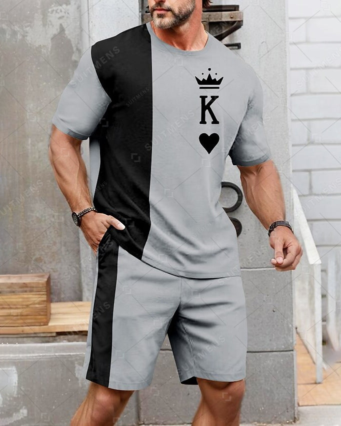 Men's Summer Color Matching Print Round Neck Set 241