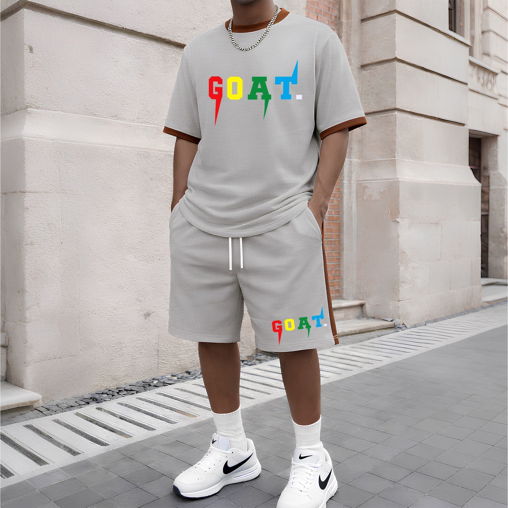 Men's Goat Pattern Short-Sleeved T-Shirt And Drawstring Shorts Set, Men's Clothing, Casual Sports Short-Sleeved Top And Shorts, Summer Men's Everyday Wear, Indoor And Outdoor Sportswear, Sports Set.