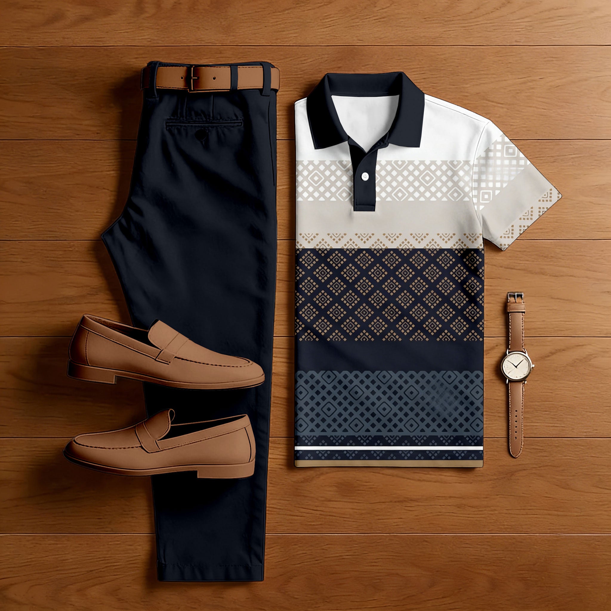 Men's Casual Navy Blue & Multi Color Matching Retro Printed Short Sleeved Polo Shirt & Trousers Two-Piece Set