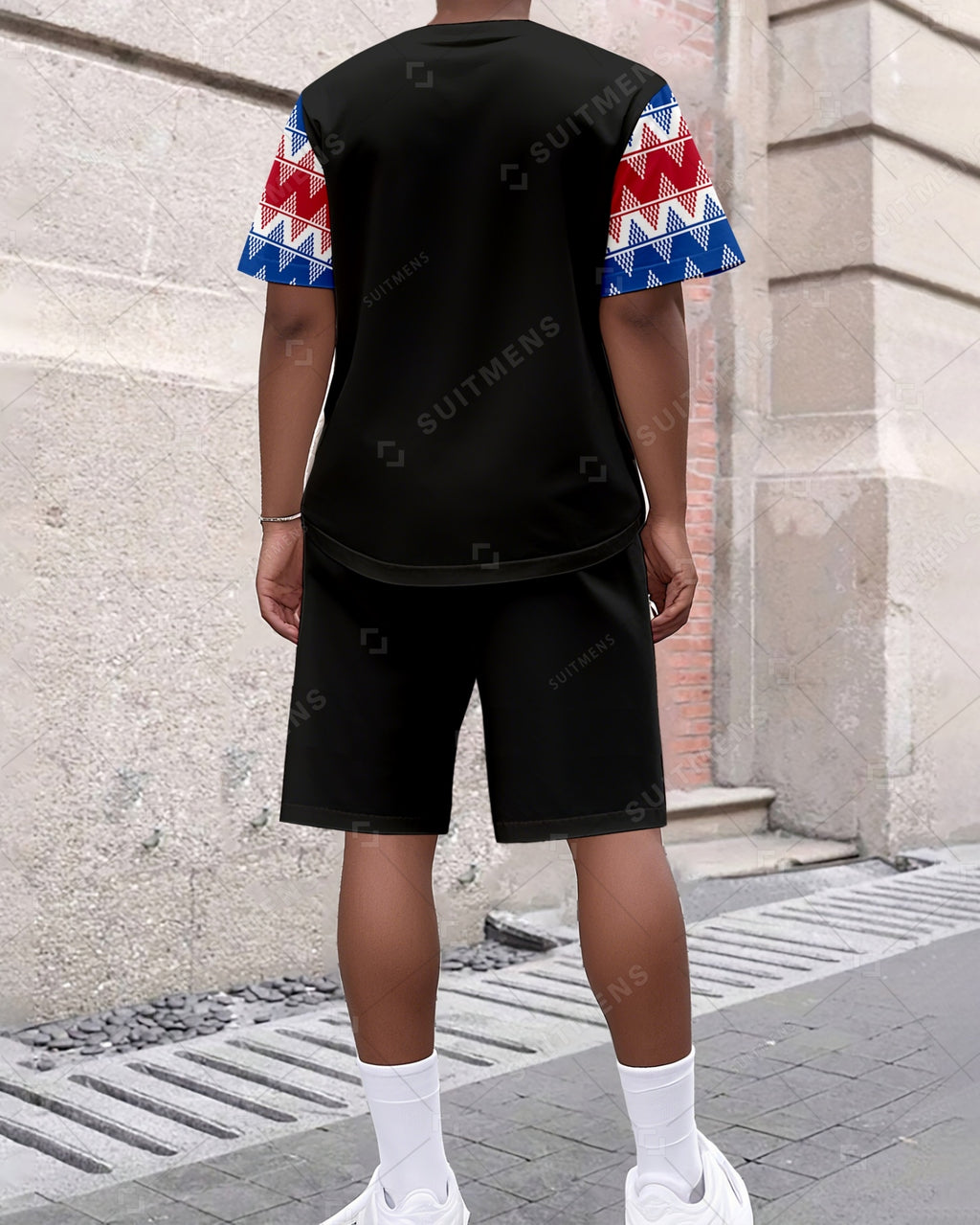Men's Summer Colorblock Printed Round Neck Suit 040