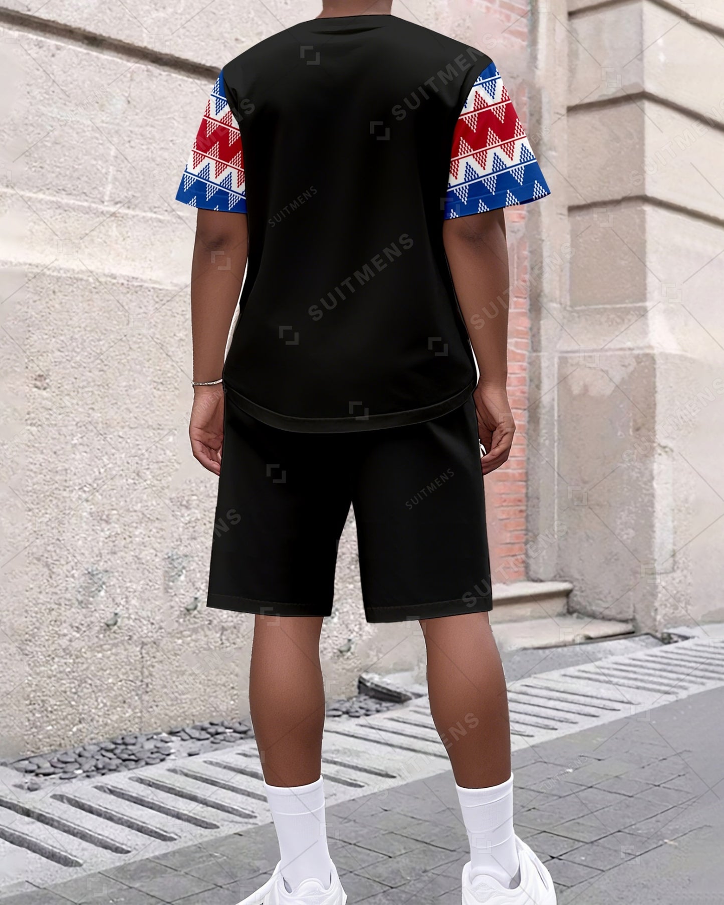 Men's Summer Colorblock Printed Round Neck Suit 040