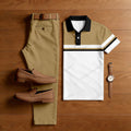 Men's Casual Khaki & White Color Matching Striped Printed Short Sleeved Polo Shirt & Trousers Two-Piece Set