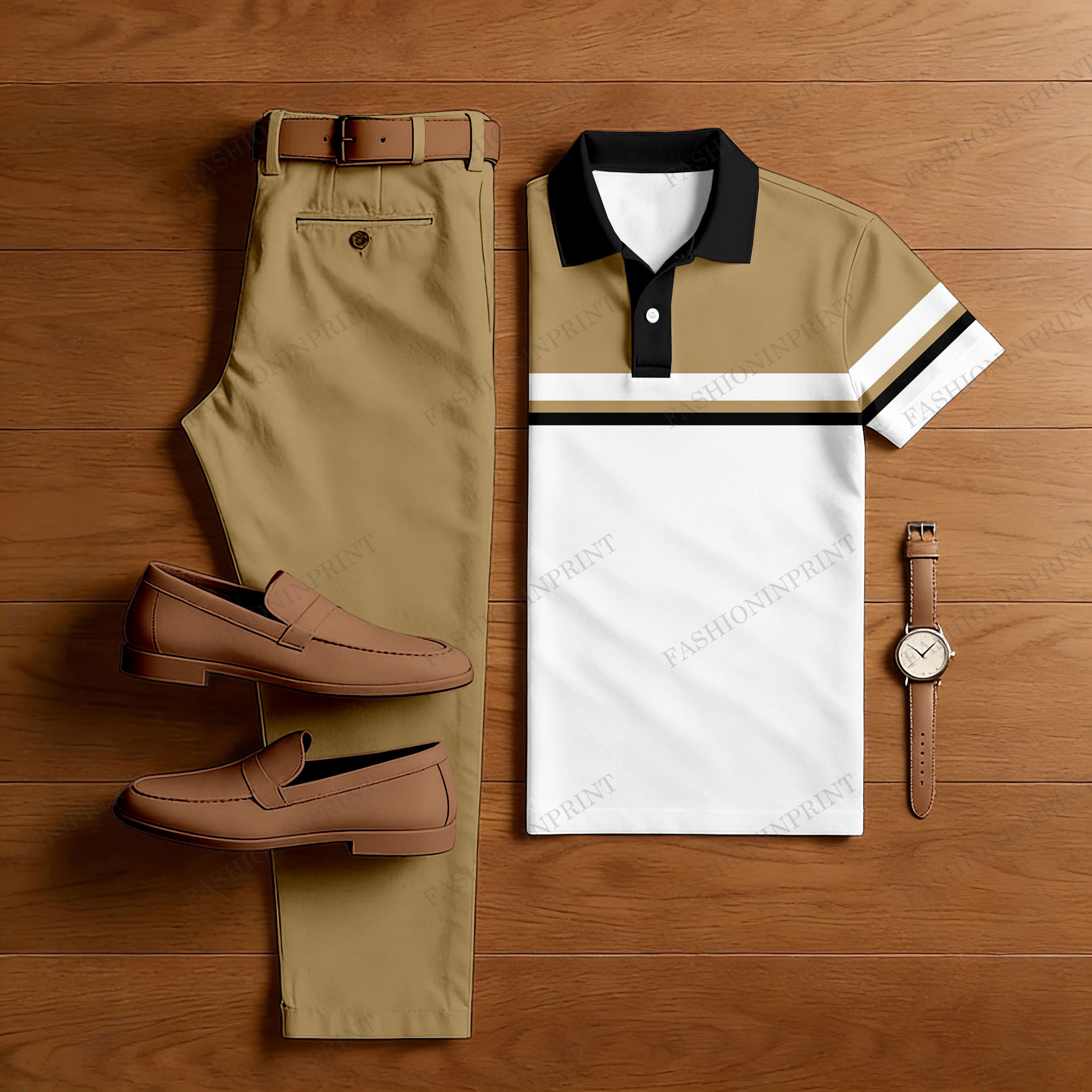 Men's Casual Khaki & White Color Matching Striped Printed Short Sleeved Polo Shirt & Trousers Two-Piece Set