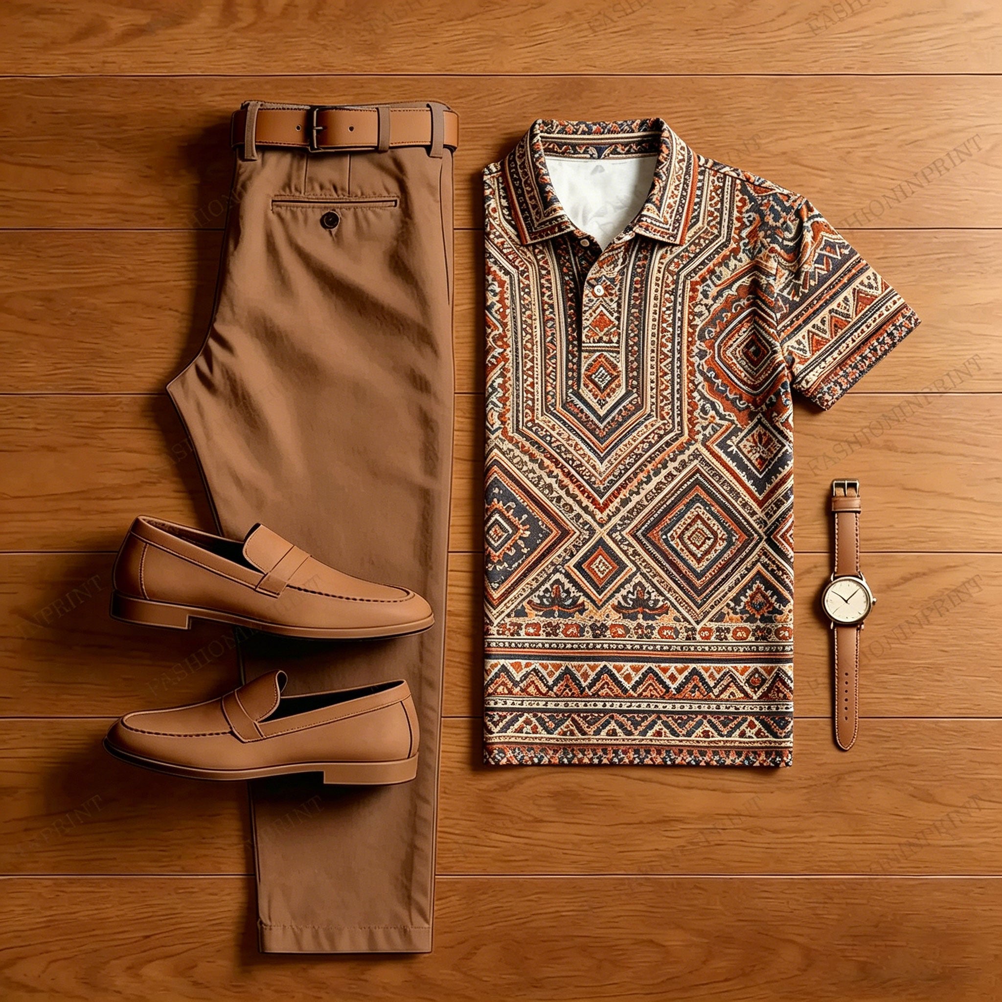 Men's Casual Printed Polo Shirt And Pants Two-Piece Set
