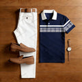 Men's Casual Navy Blue & White Color Matching Checkered Printed Short Sleeved Polo Shirt & Trousers Two-Piece Set